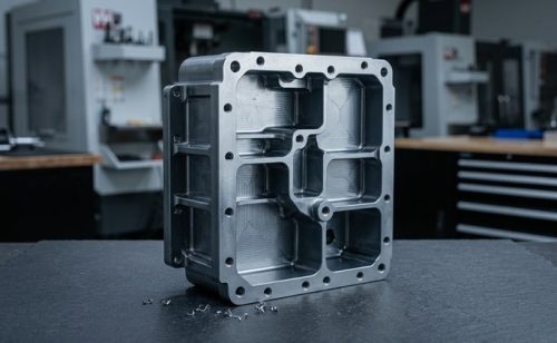 Finished 5-axis milled aluminum prototype housing on worktable