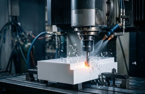 CNC machining PVC block on milling machine with cutting tool