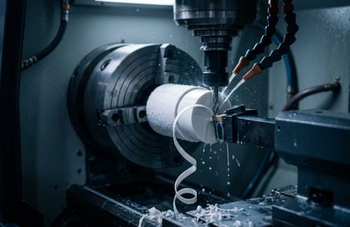 CNC turning PVC cylindrical part on a lathe machine