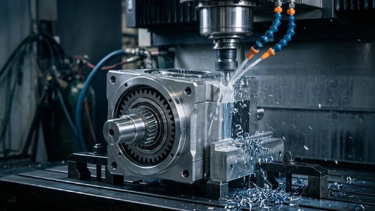 CNC robotics gear reducer housing being machined on mill