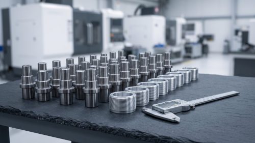Batch of CNC turned stainless steel shafts and aluminum bushings with a caliper