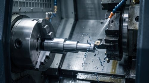 CNC lathe turning a stepped steel shaft with a carbide insert