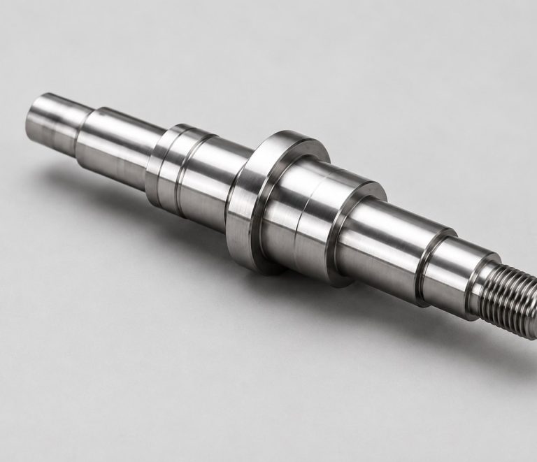 Finished CNC turned shafts and fittings on dark worktable