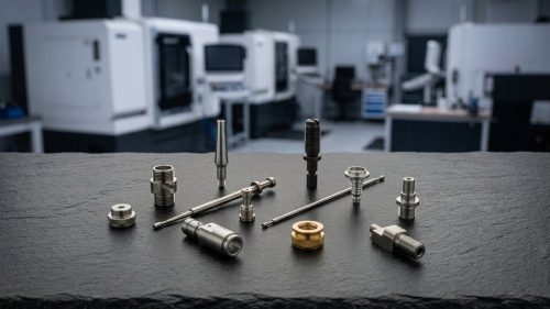 CNC turning stainless steel parts arranged on dark workshop surface