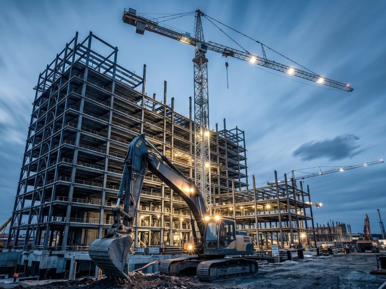 Construction industry: a heavy excavator and a tall tower crane on a large construction site with a rising steel-frame building at blue hour