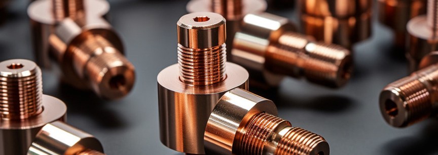 Copper machined fittings on dark surface