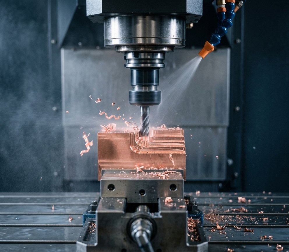 CNC milling cutting a solid copper block for copper machining
