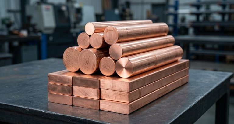 Raw copper bar stock ready for CNC machining