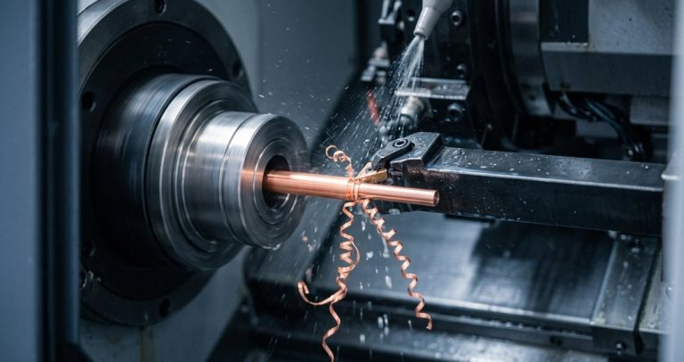 Swiss turning a slender copper rod on CNC lathe