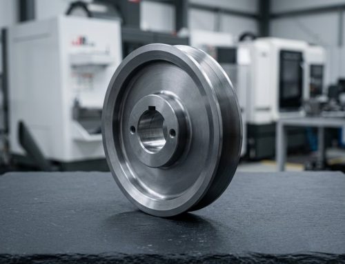 Machined V-belt sheave with crowned groove on worktable