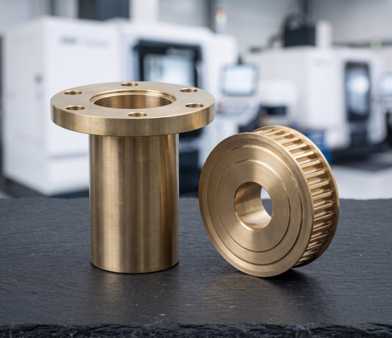 Custom machined coupling and pulley on dark worktable