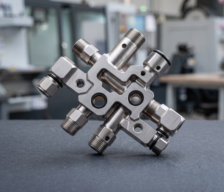 Hydraulic manifold machining showing precision ports and fluid passages