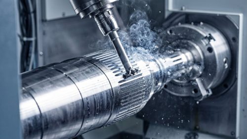 CNC turning a hardened steel shaft with coolant spray