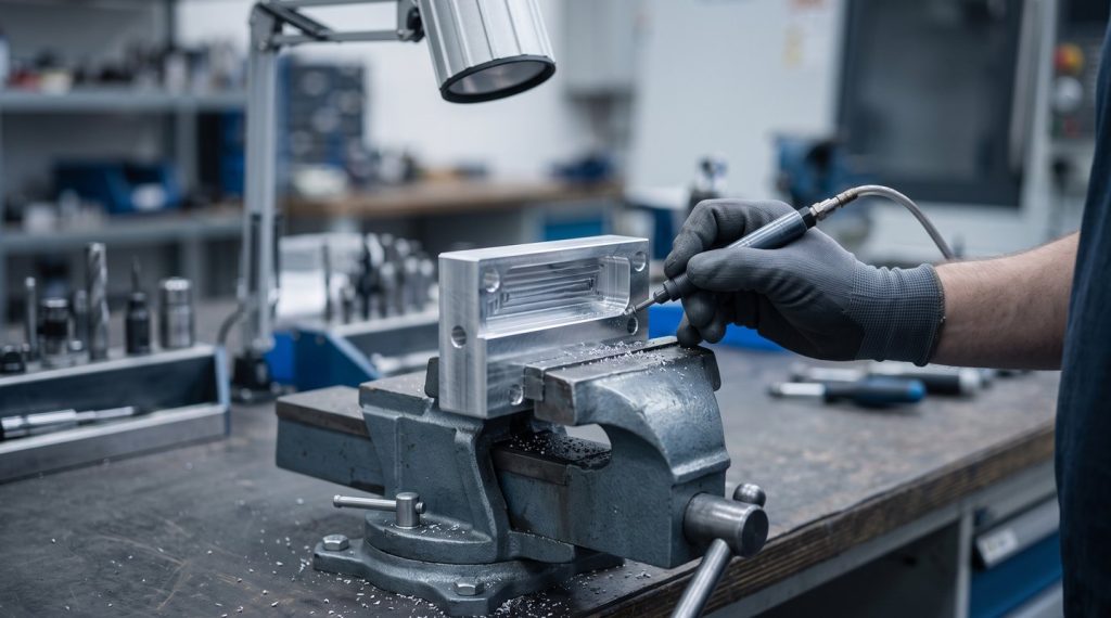 Technician deburring sharp edge of CNC machined aluminum block