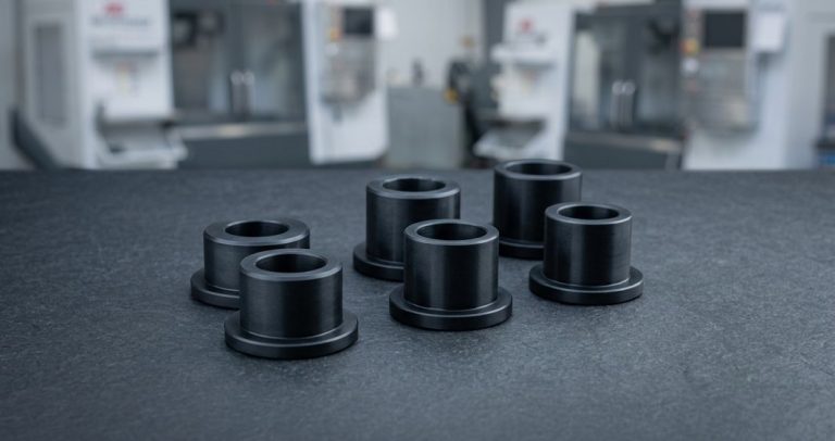 Black Delrin flanged bushings produced by CNC turning
