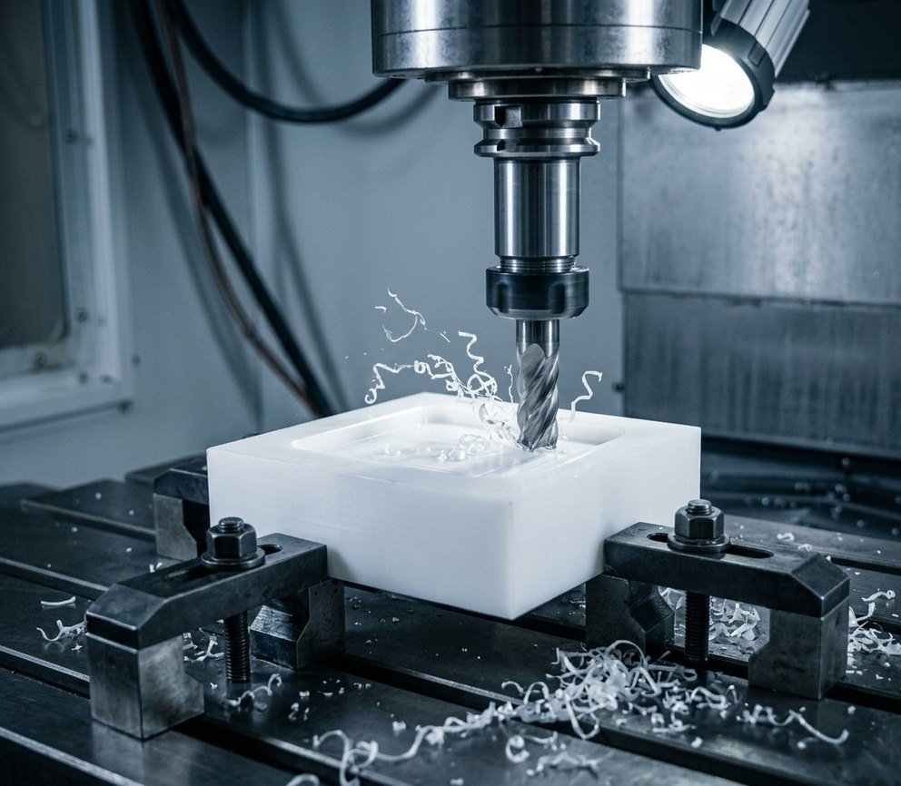 CNC milling of Delrin acetal block with carbide end mill