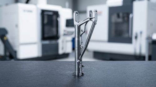 Machined aluminum bracket on dark surface illustrating density of aluminum