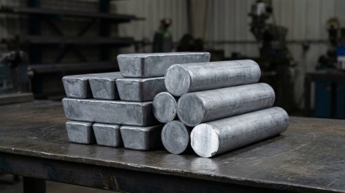 Dense grey lead ingots and cut bar stock on dark table