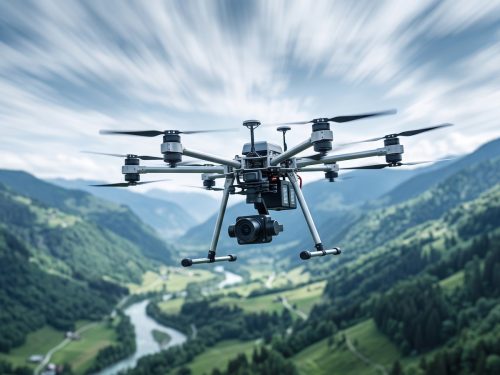 Drone & UAV industry: a professional quadcopter drone in flight over a green mountain valley with a river
