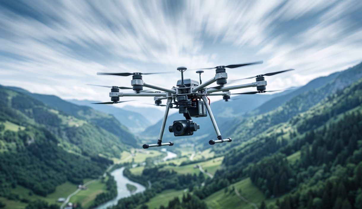 Drone & UAV industry: a professional quadcopter drone in flight over a green mountain valley with a river