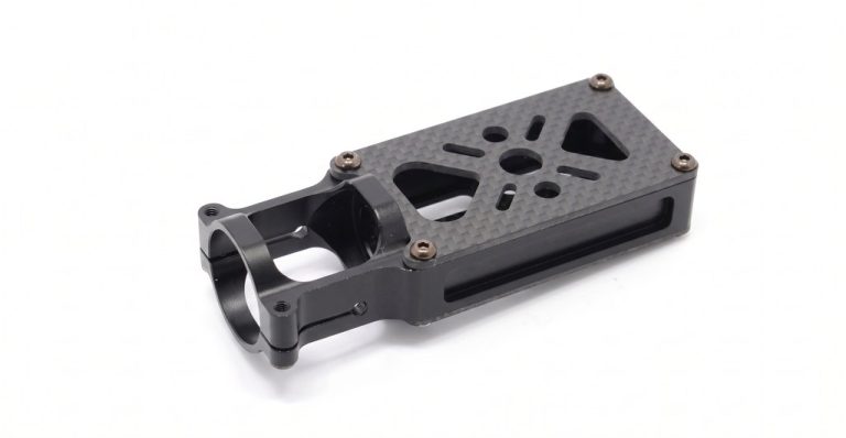 Black carbon fiber UAV mounting bracket with machined cutouts