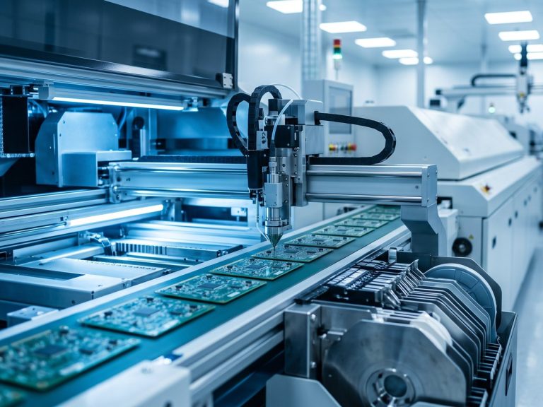 Electronic industry: close-up of an automated SMT production line placing components on green printed circuit boards moving on a conveyor