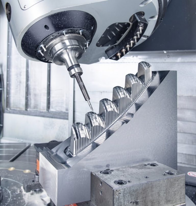 5-axis CNC milling machine cutting aluminum heat sink fins for electronic parts