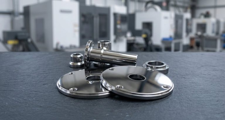 Electropolished stainless steel flanges and fittings on dark metal table