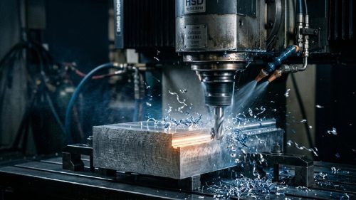 End mill cutting aluminum block on CNC milling machine