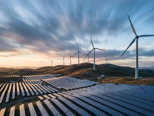 Energy industry: a row of large wind turbines on rolling hills with a solar panel farm in the foreground at sunset