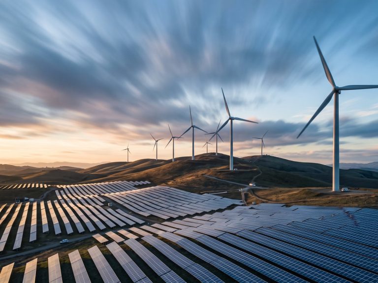 Energy industry: a row of large wind turbines on rolling hills with a solar panel farm in the foreground at sunset