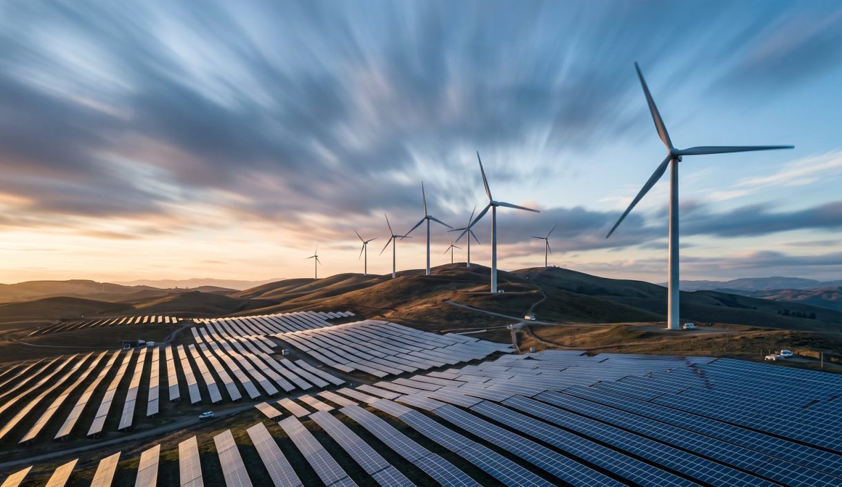 Energy industry: a row of large wind turbines on rolling hills with a solar panel farm in the foreground at sunset