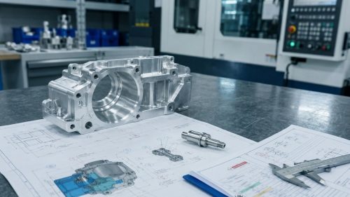 Engineering drawing with machined aluminum parts on workshop table