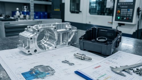Engineering drawing with symbols beside machined aluminum housing and shaft