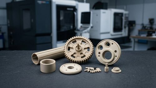 Machined engineering plastic parts including PEEK gear and sleeve components