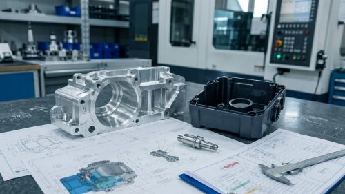 Machined aluminum housing and shaft laid on engineering requirements document drawings