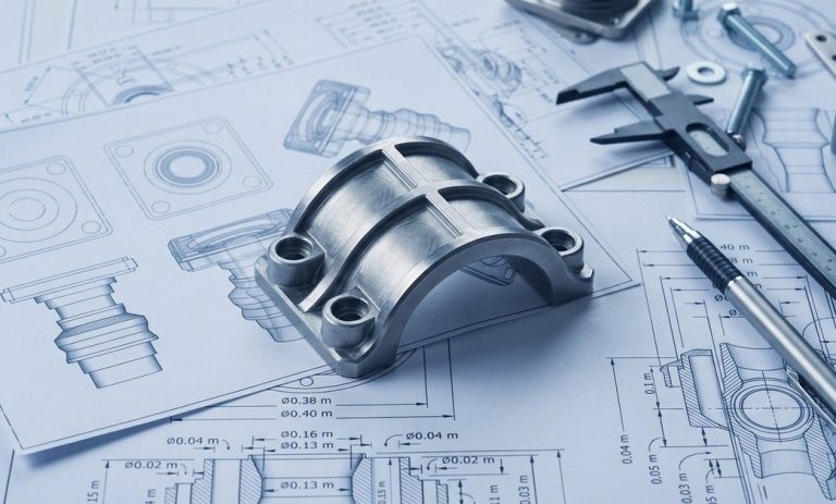 engineer reviewing machined flange against technical drawing with caliper