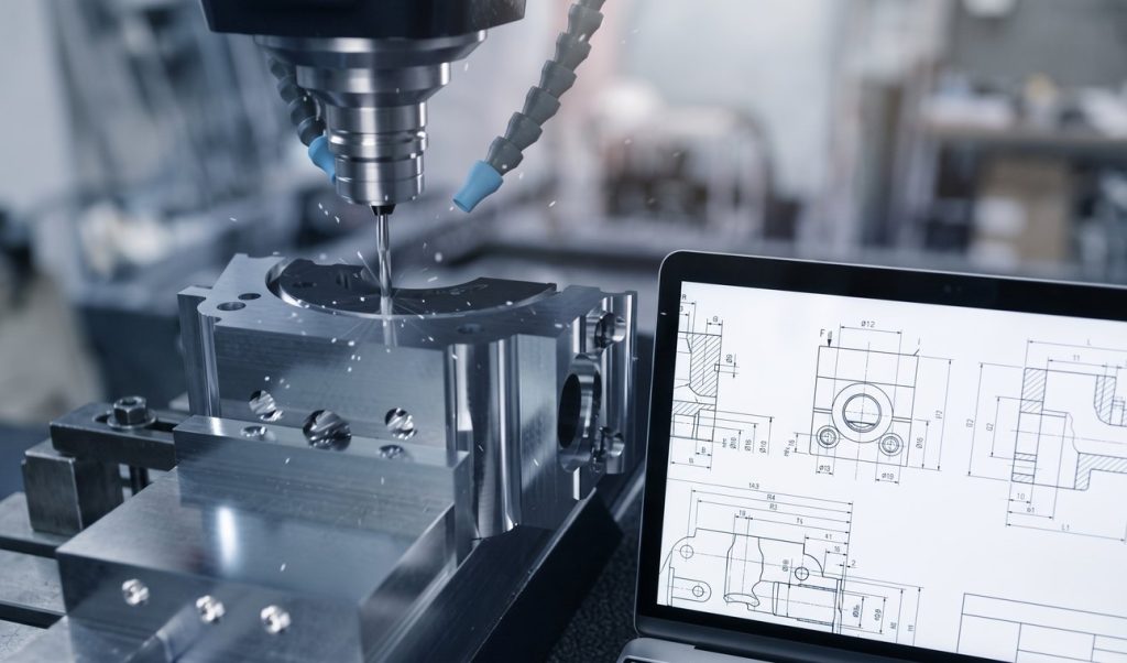 CNC milling machine cutting aluminum part beside engineering support drawing