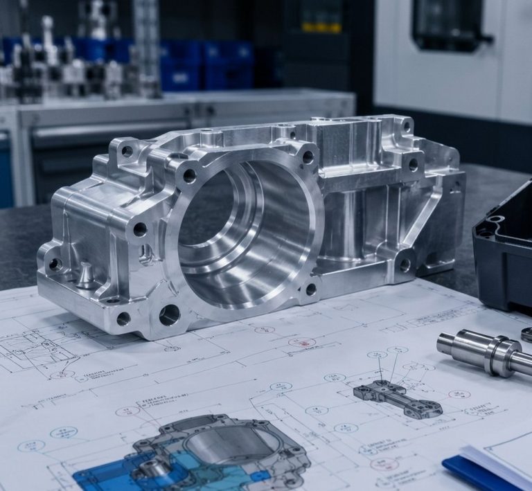 machined aluminum housing resting on engineering support design drawings