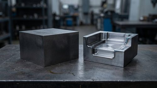 H13 tool steel block and machined die insert on dark worktable