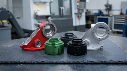 Colorful anodized aluminum CNC machined parts on dark workbench