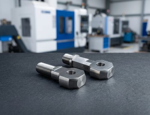 Custom CNC machined hex shoulder bolts on dark worktable