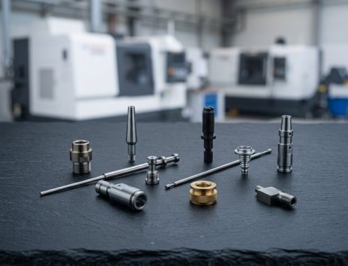 Non-standard CNC turned fasteners with cross-drilled shanks on dark surface
