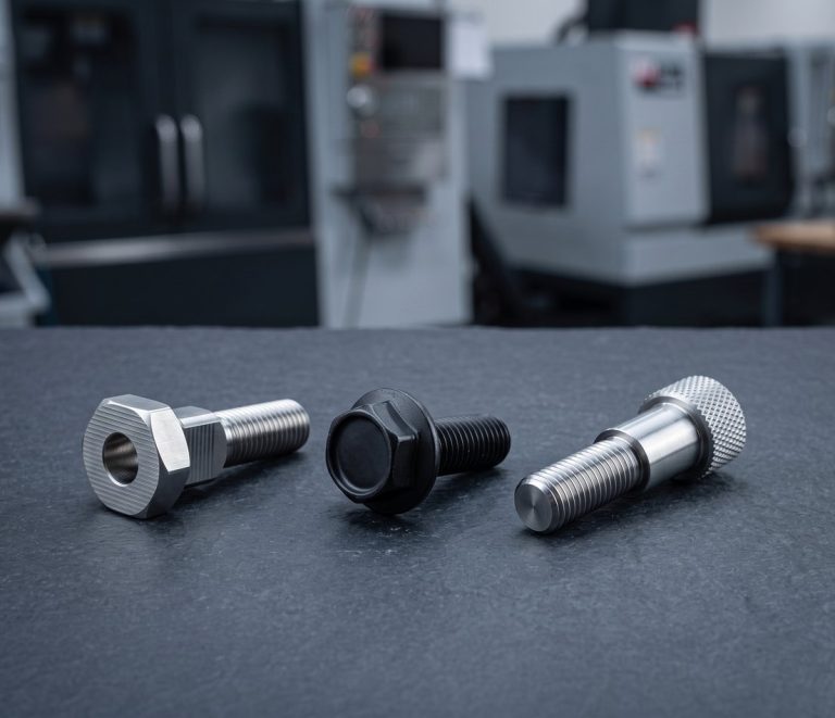 Custom CNC machined bolts and studs on dark workbench