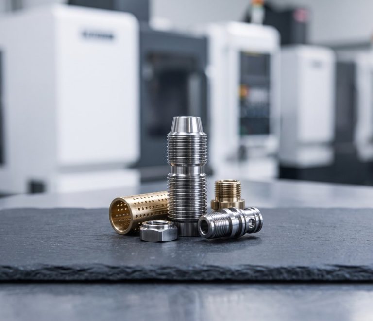 Assortment of custom machined flanges and fittings on dark bench