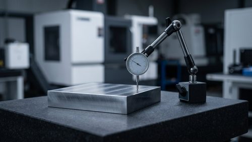 Dial indicator checking flatness in GD&T on ground steel surface