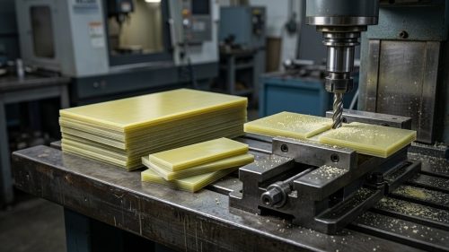 FR4 and G10 sheet stock being CNC machined into precision plates