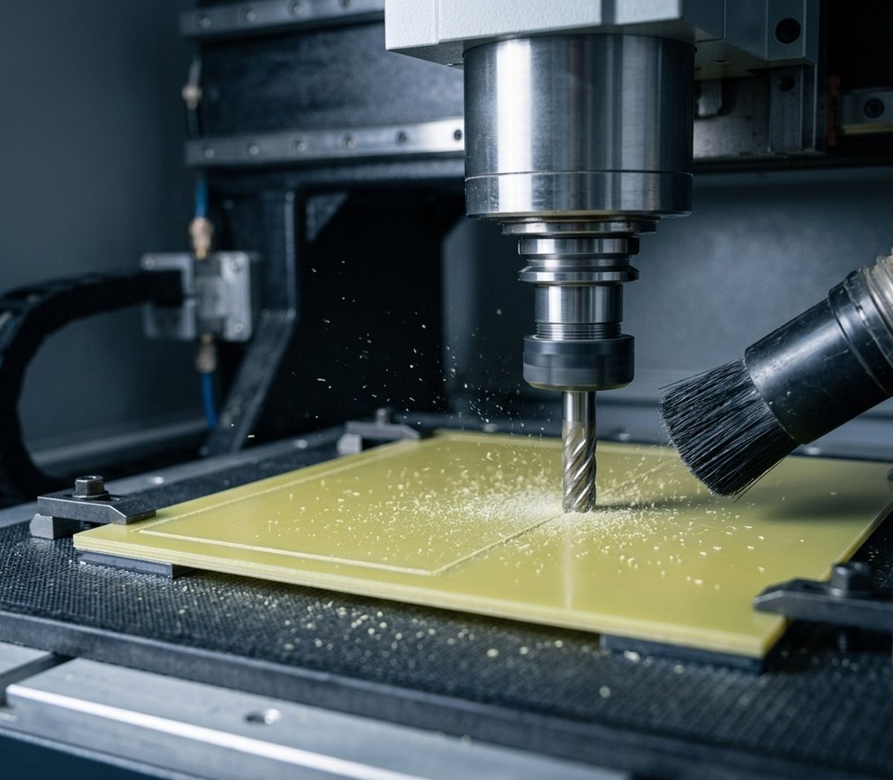 CNC milling cutter machining FR4 laminate with dust extraction