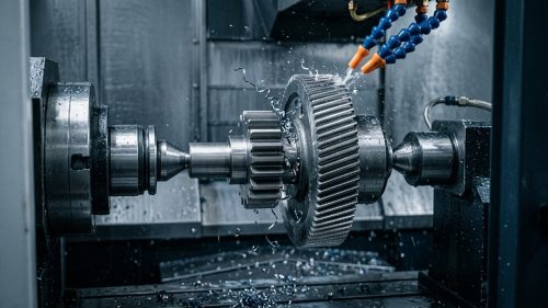 Gear shaving cutter meshing with steel gear during CNC finishing process