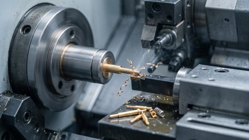 CNC turned battery contact pins on Swiss lathe worktable